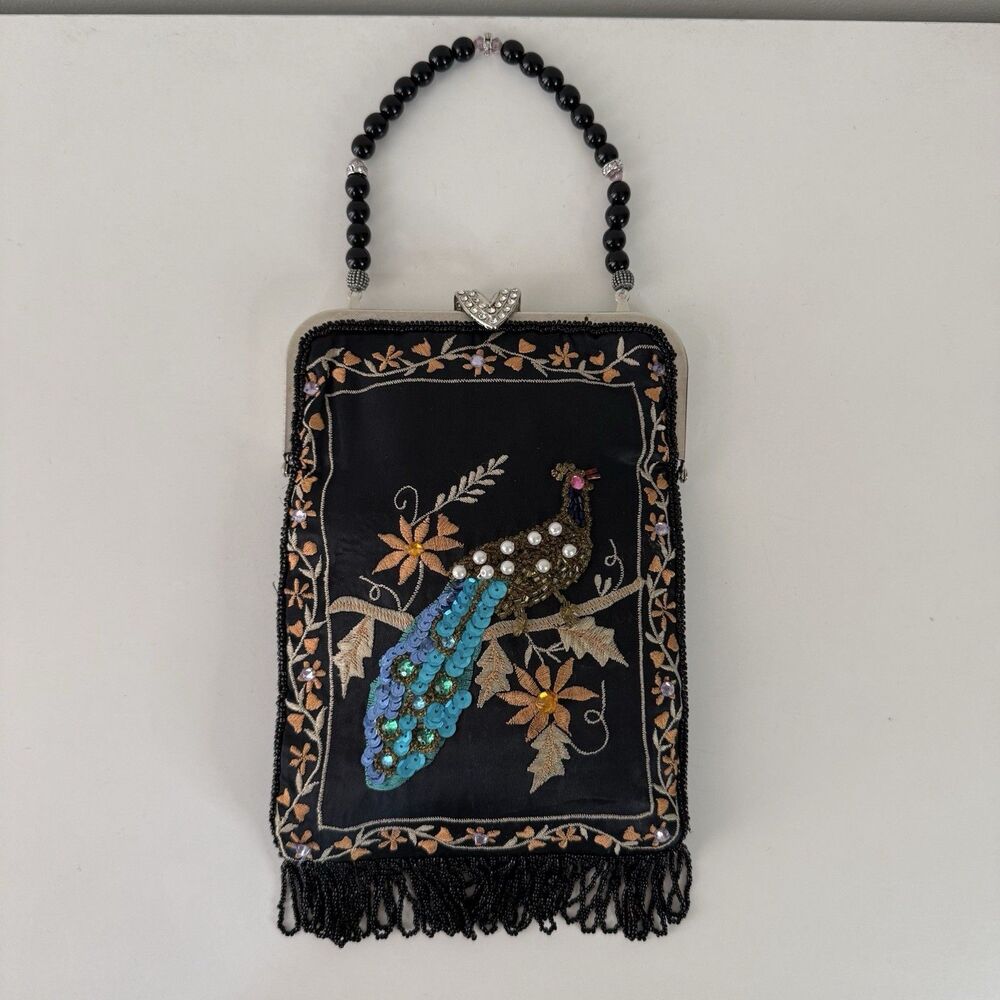 Vintage Lily Scott Peacock Black Evening Bag W/ Sequin Beads & Embroidery
